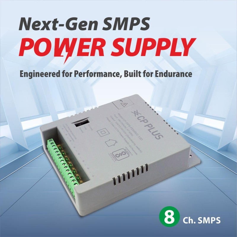 CP PLUS 8-Channel CCTV Power Supply SMPS | 12V 5A High Efficiency Adapter with LED Indicators | EMI Filter CP-DPS-PD08V2-12D
