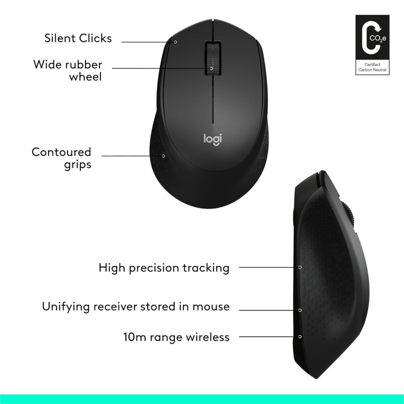Logitech M331 Silent Plus Wireless Mouse, 2.4GHz with USB Nano Receiver, 1000 DPI Optical Tracking, 3 Buttons, 24 Month Battery Life, PC/Mac/Laptop
