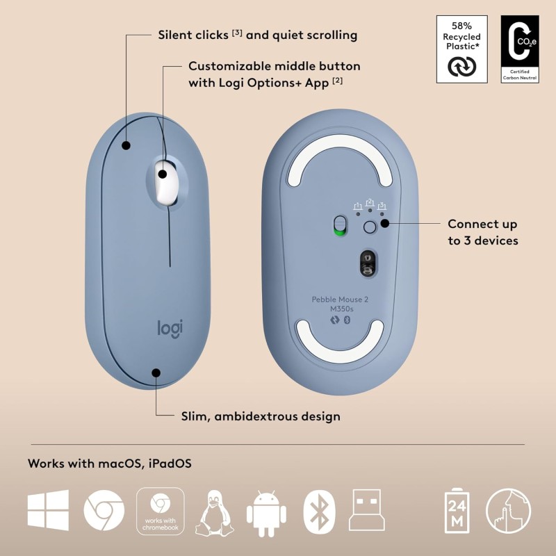 Logitech Pebble 2 Combo, Wireless Keyboard and Mouse, Quiet and Portable, Customisable, Logi Bolt, Bluetooth Tonal Blue