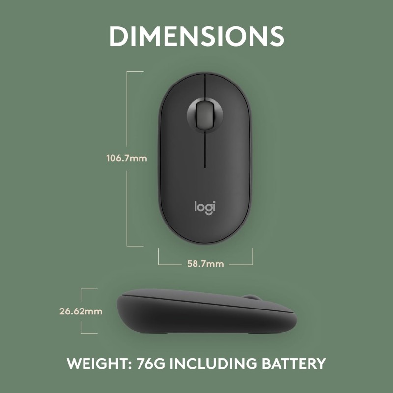 Logitech Pebble Mouse 2 M350s Slim Bluetooth Wireless Mouse, Portable, Lightweight, Customisable Button - Tonal Graphite