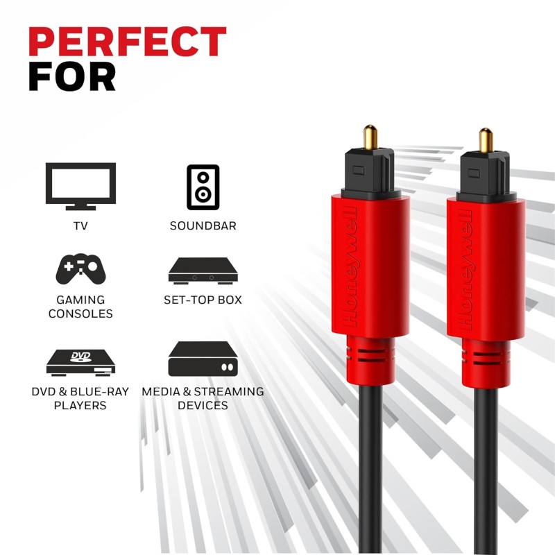 Honeywell Digital Optical Audio Toslink Cable 2 meter, 24K Gold Plated Connectors, PVC Jacketed Copper Wire HC000012/CBL/2M/BLK/TOS