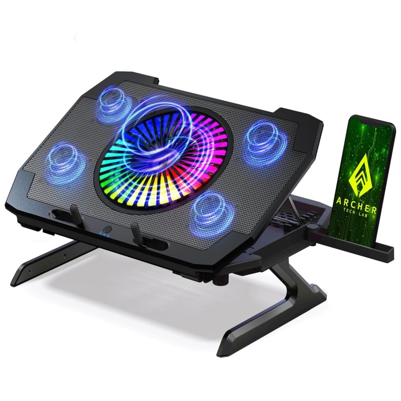 Archer Tech Lab Squall 300 RGB Gaming Laptop Cooling Pad Stand with Aluminum Metal Grid, 5 Turbo Fans Dual Tech Lab RGB