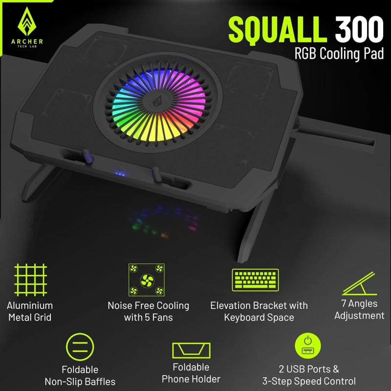 Archer Tech Lab Squall 300 RGB Gaming Laptop Cooling Pad Stand with Aluminum Metal Grid, 5 Turbo Fans Dual Tech Lab RGB
