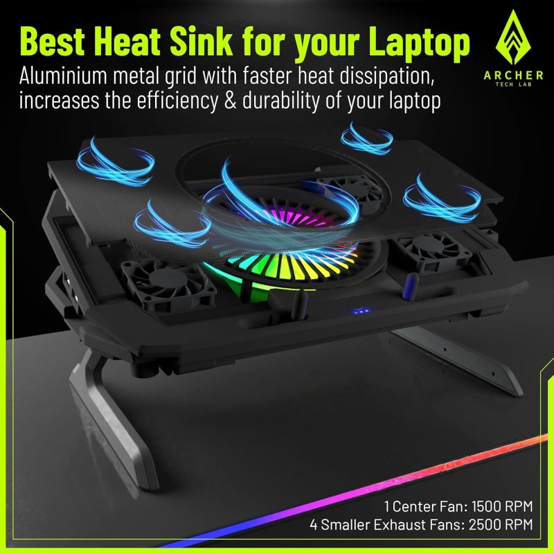Archer Tech Lab Squall 300 RGB Gaming Laptop Cooling Pad Stand with Aluminum Metal Grid, 5 Turbo Fans Dual Tech Lab RGB