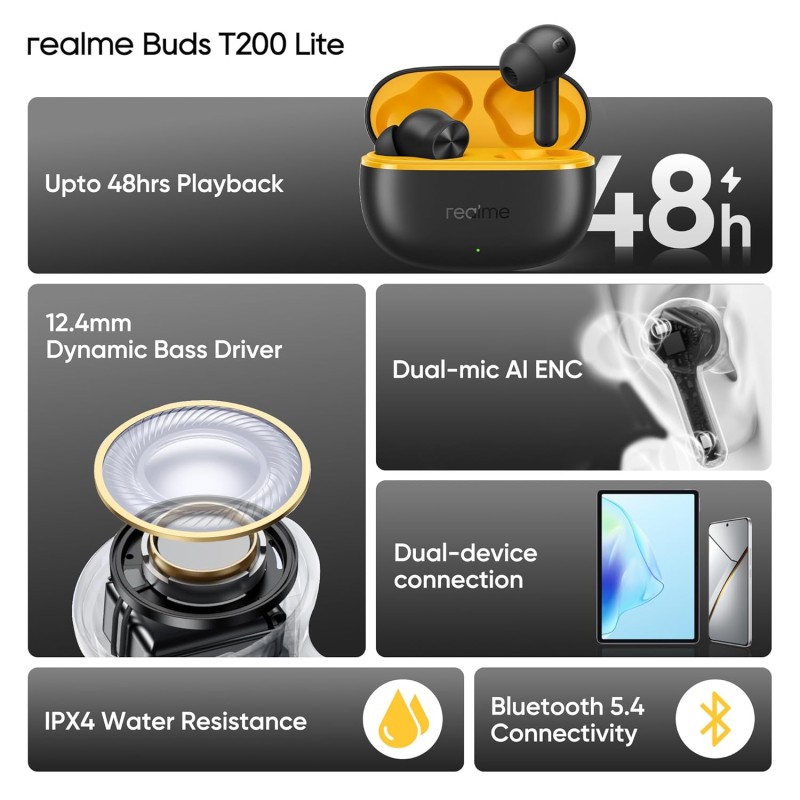 realme Buds T200 Lite Bluetooth in Ear Earbuds,4 Mic, AI ENC for Calls,48 Hours Total Playback (Volt Black) RMA2415-A