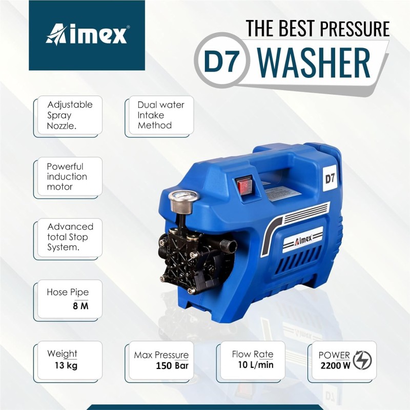 Aimex Electric D7 High Pressure Car Washer Machine, 2200W,150 Bar Pressure with Copper Winding for Cleaning