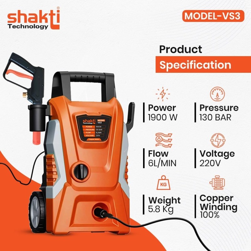 Shakti Technology VS3 High Pressure Car Washer Machine 1900 Watts - Pressure 130 Bar for Cleaning Car, Bike & Home
