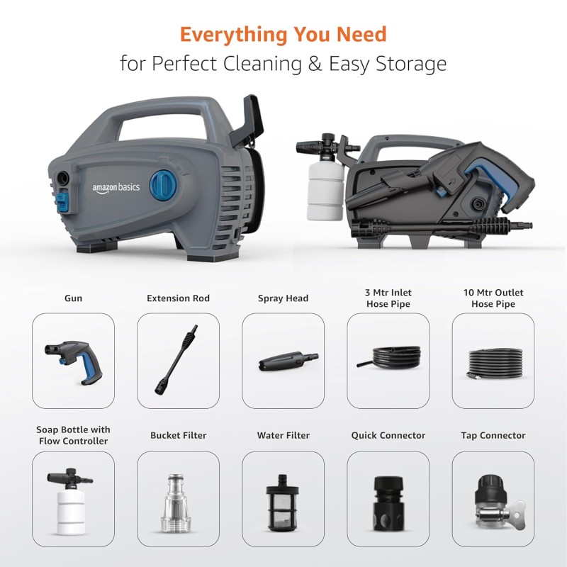 Amazon Basics Pressure Washer 1800W, 105 Bar, 6.5 L/min Flow, 5m Power Cord, 10m Hose, Copper Winding Motor AB1800H105