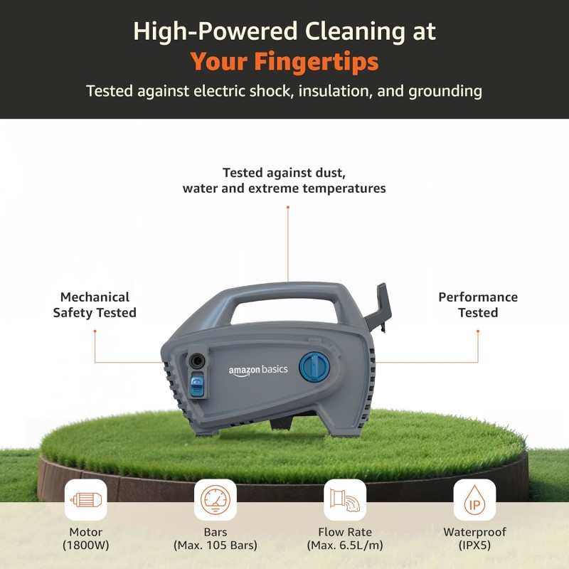 Amazon Basics Pressure Washer 1800W, 105 Bar, 6.5 L/min Flow, 5m Power Cord, 10m Hose, Copper Winding Motor AB1800H105