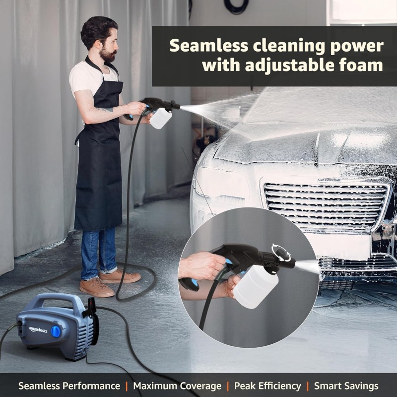 Amazon Basics Pressure Washer 1800W, 105 Bar, 6.5 L/min Flow, 5m Power Cord, 10m Hose, Copper Winding Motor AB1800H105