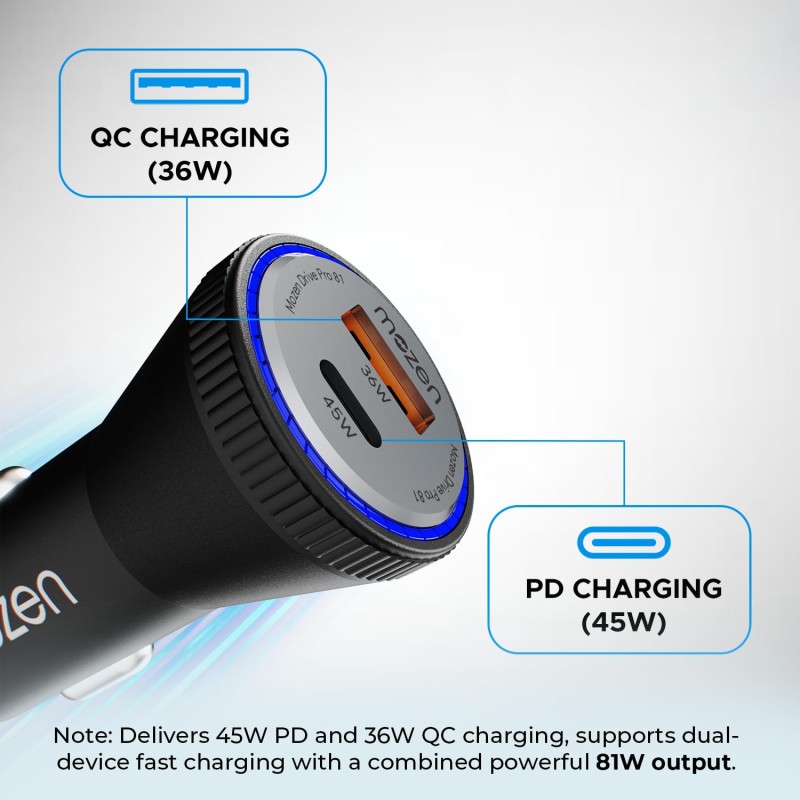 MOZEN by Amkette 81W Car Charger Type C 45W PD + USB-A 36W QC Dual Port Car Charger CQC09