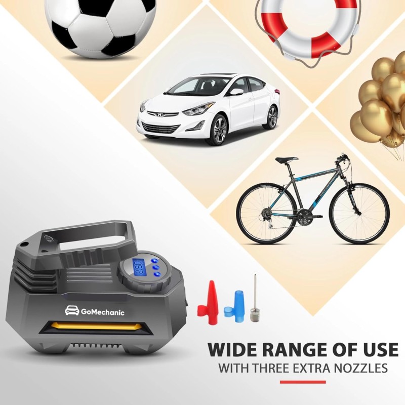 GoMechanic Digital Tyre Inflator for Car - 150 psi, 12V DC Portable Air Pump/Compressor with Digital Tyre Pressure Gauge