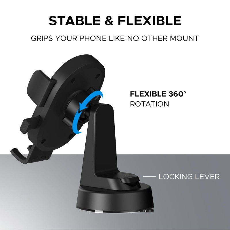 Amkette iGrip Drive Compact Car Mobile Holder, Mobile Holder for car Dashboard & Windshield with 360 Rotation, One-Touch Lock&Release