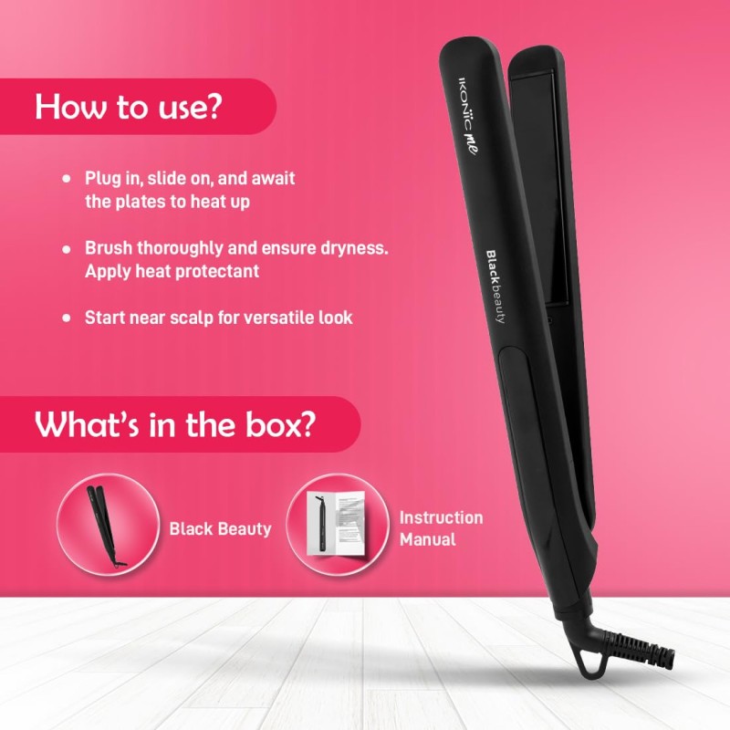 Ikonic Black Beauty Hair Straightener For Women, Ceramic Coated Floating Plates Handle Lock Feature Instant Heat Up Techonoly, Super Slim and Light