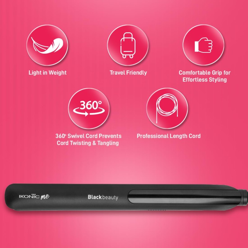 Ikonic Black Beauty Hair Straightener For Women, Ceramic Coated Floating Plates Handle Lock Feature Instant Heat Up Techonoly, Super Slim and Light