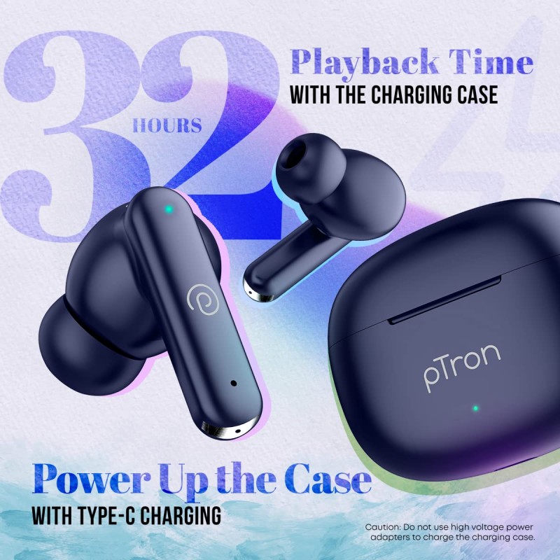 pTron Bassbuds Air in-Ear TWS Earbuds with 13mm Driver for Immersive Sound, 32Hrs Playtime, Clear Calls, Bluetooth V5.1 (Blue)