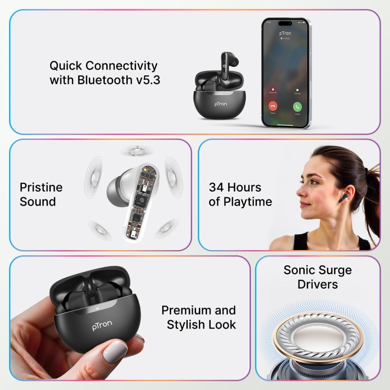 pTron Bassbuds Astra in-Ear TWS Earbuds w/Stereo Sound, 34Hrs Playtime, Stereo Calls (Black)