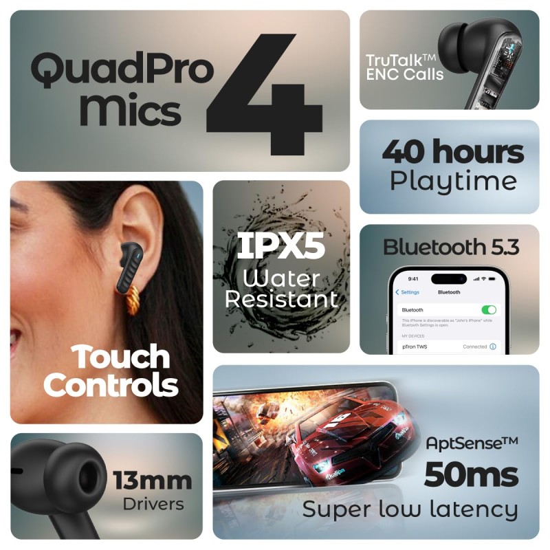 pTron Bassbuds Bliss TWS in Ear Earbuds with 4 Quadpro Mics,3D Audioscape,Trutalk Enc Calls,40H Playtime Black)