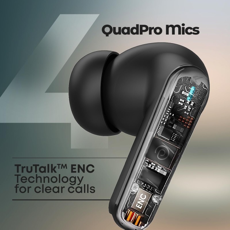 pTron Bassbuds Bliss TWS in Ear Earbuds with 4 Quadpro Mics,3D Audioscape,Trutalk Enc Calls,40H Playtime Black)
