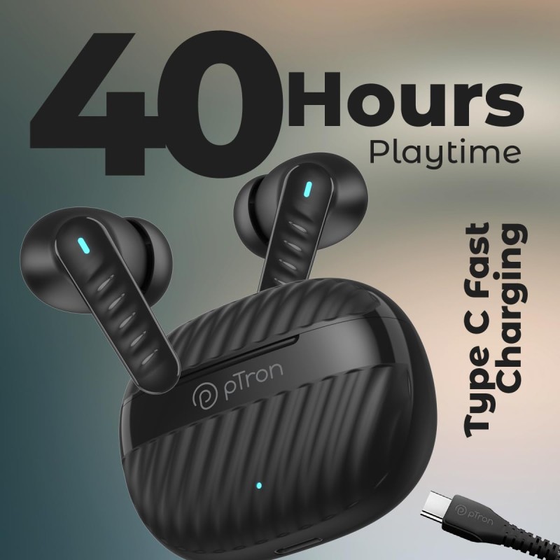 pTron Bassbuds Bliss TWS in Ear Earbuds with 4 Quadpro Mics,3D Audioscape,Trutalk Enc Calls,40H Playtime Black)