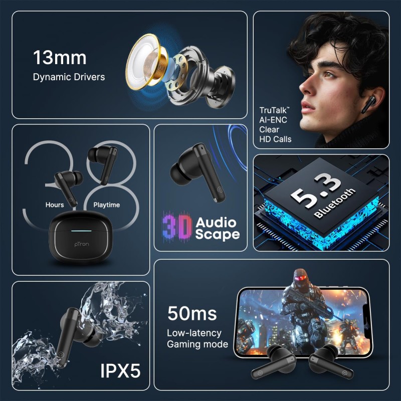 pTron Bassbuds Duo Pro TWS in Ear Earbuds with 3D Audioscape,Trutalk Ai-Enc Calls,Thunder Bass,38H Playtime,(Black)