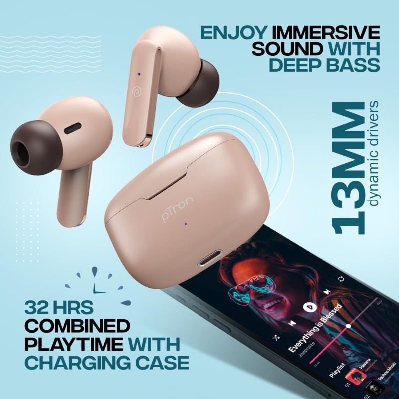 pTron Bassbuds Duo in-Ear Wireless Earbuds with Immersive Sound,32Hrs Playtime,Clear Calls TWS Earbuds (Brown)