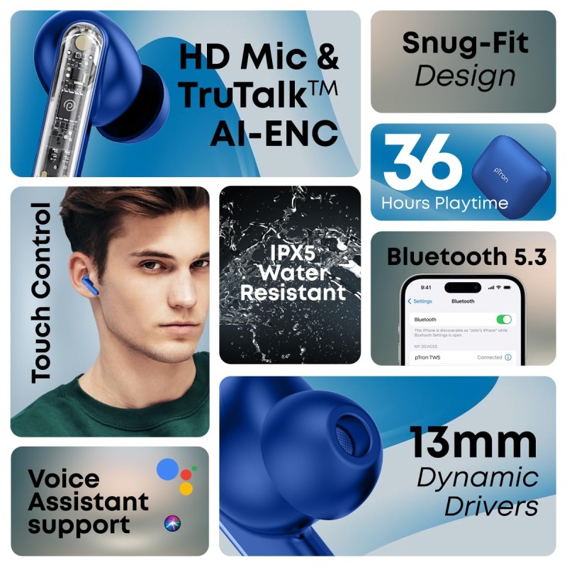 pTron Bassbuds Gomax in-Ear TWS Earbuds, HD Mic & TruTalk AI-ENC Calls, 36H Playtime, 13mm Drivers, Bluetooth 5.3 (Blue)