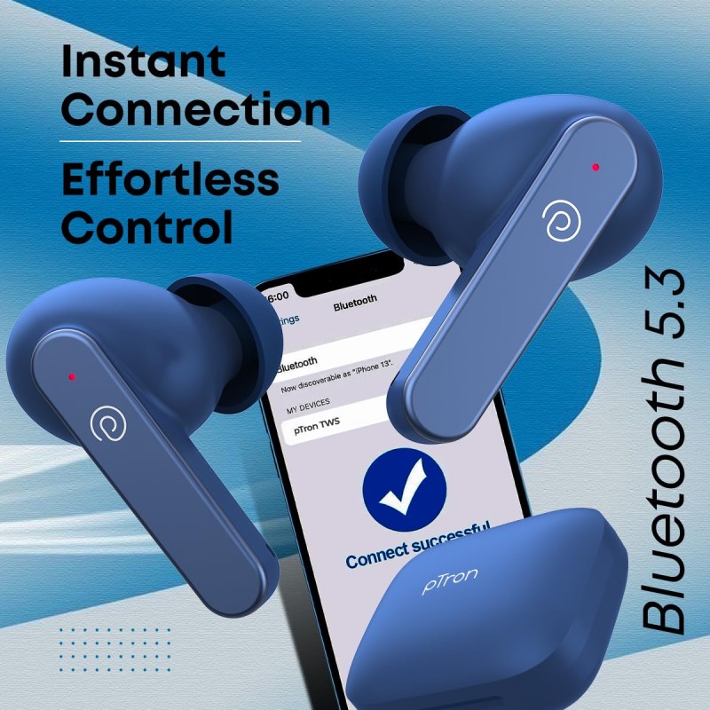 pTron Bassbuds Gomax in-Ear TWS Earbuds, HD Mic & TruTalk AI-ENC Calls, 36H Playtime, 13mm Drivers, Bluetooth 5.3 (Blue)
