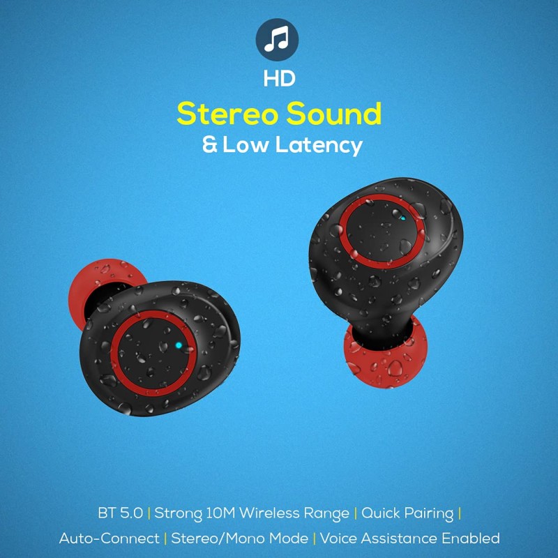 pTron Bassbuds Jets in-Ear TWS Earbuds with HD Mic, Immersive Audio, Quick Pairing, Bluetooth v5.0 Wireless Headphones (Jet Black & Red)
