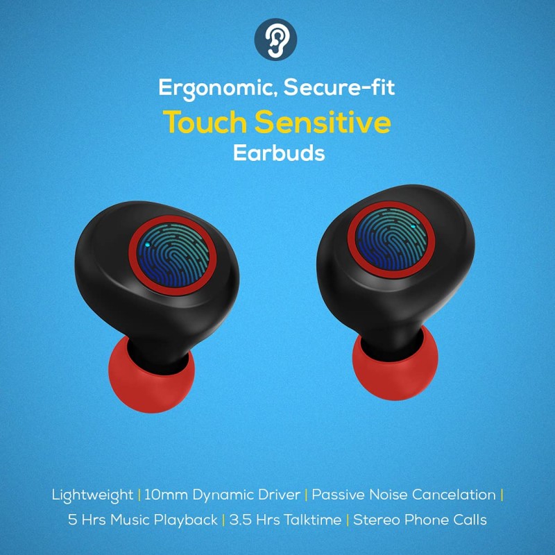 pTron Bassbuds Jets in-Ear TWS Earbuds with HD Mic, Immersive Audio, Quick Pairing, Bluetooth v5.0 Wireless Headphones (Jet Black & Red)