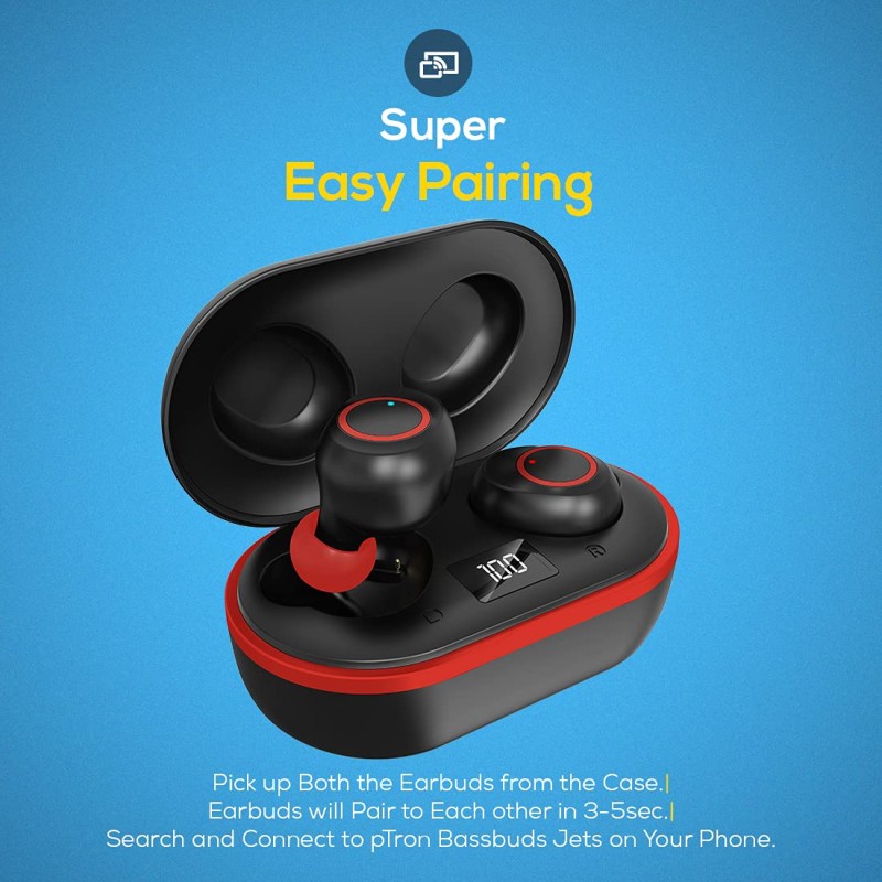 pTron Bassbuds Jets in-Ear TWS Earbuds with HD Mic, Immersive Audio, Quick Pairing, Bluetooth v5.0 Wireless Headphones (Jet Black & Red)