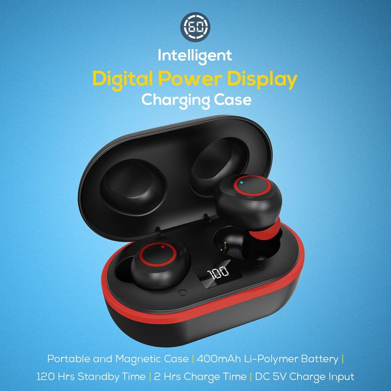 pTron Bassbuds Jets in-Ear TWS Earbuds with HD Mic, Immersive Audio, Quick Pairing, Bluetooth v5.0 Wireless Headphones (Jet Black & Red)