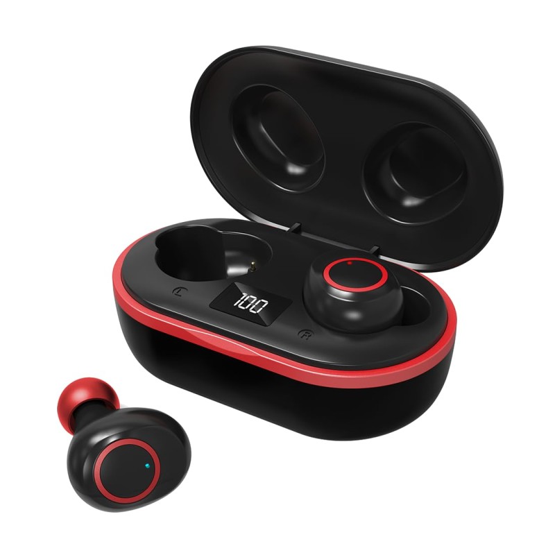 pTron Bassbuds Jets in-Ear TWS Earbuds with HD Mic, Immersive Audio, Quick Pairing, Bluetooth v5.0 Wireless Headphones (Jet Black & Red)