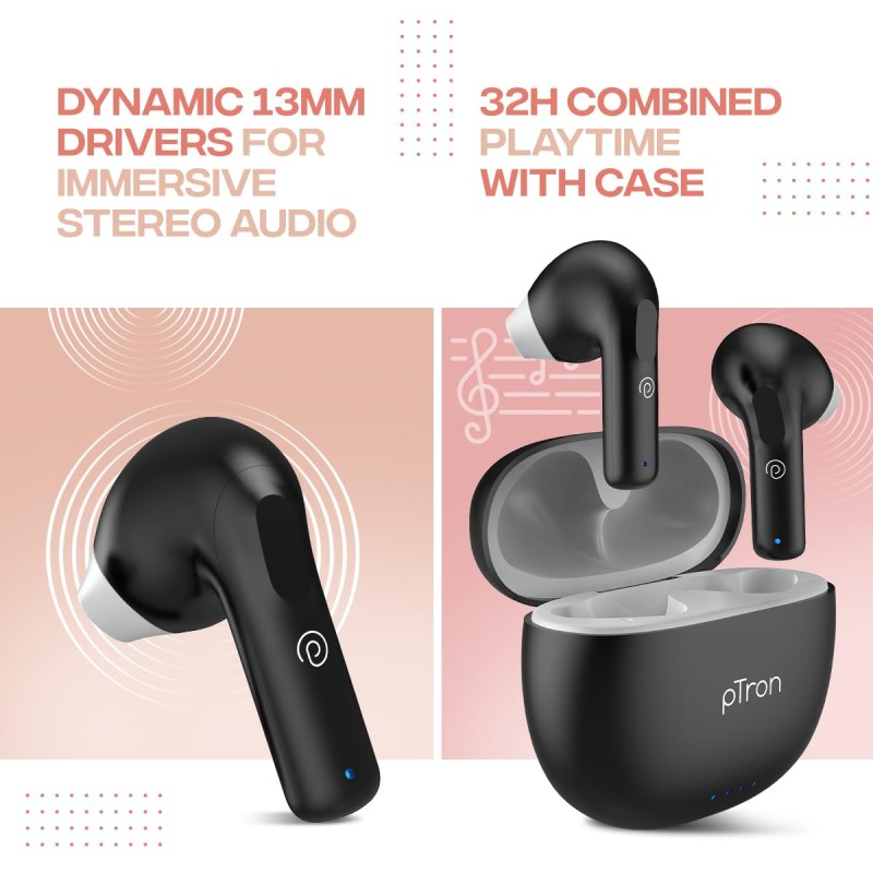 pTron Bassbuds NX TWS Earbuds, TruTalk AI-ENC Calls, 32Hrs Playtime, Immersive Audio, in-Ear Bluetooth 5.3 (Ink Black)