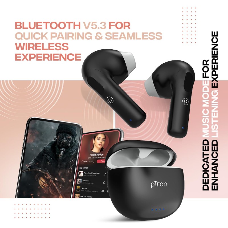 pTron Bassbuds NX TWS Earbuds, TruTalk AI-ENC Calls, 32Hrs Playtime, Immersive Audio, in-Ear Bluetooth 5.3 (Ink Black)