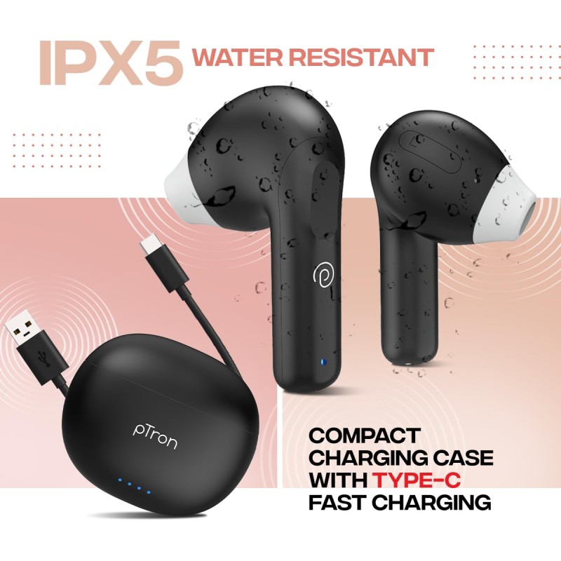 pTron Bassbuds NX TWS Earbuds, TruTalk AI-ENC Calls, 32Hrs Playtime, Immersive Audio, in-Ear Bluetooth 5.3 (Ink Black)