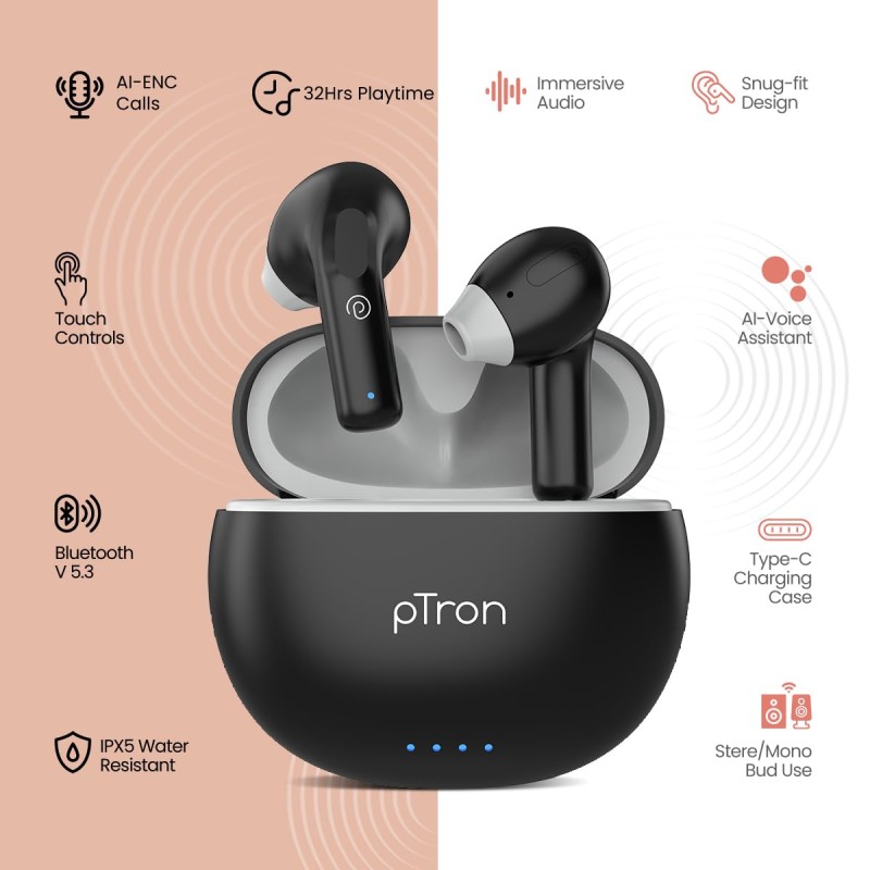 pTron Bassbuds NX TWS Earbuds, TruTalk AI-ENC Calls, 32Hrs Playtime, Immersive Audio, in-Ear Bluetooth 5.3 (Ink Black)