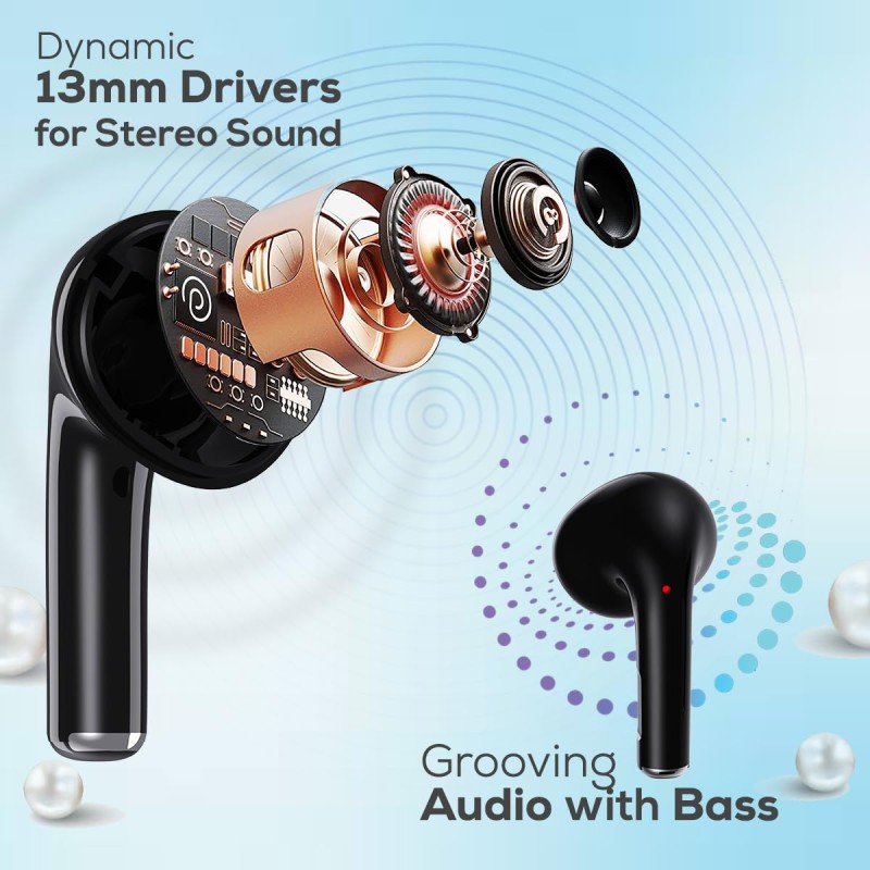 pTron Bassbuds Perl in-Ear TWS Earbuds, TruTalk AI-ENC Calls, Immersive Sound, 28H Playtime, Music/Game (Sable Black)