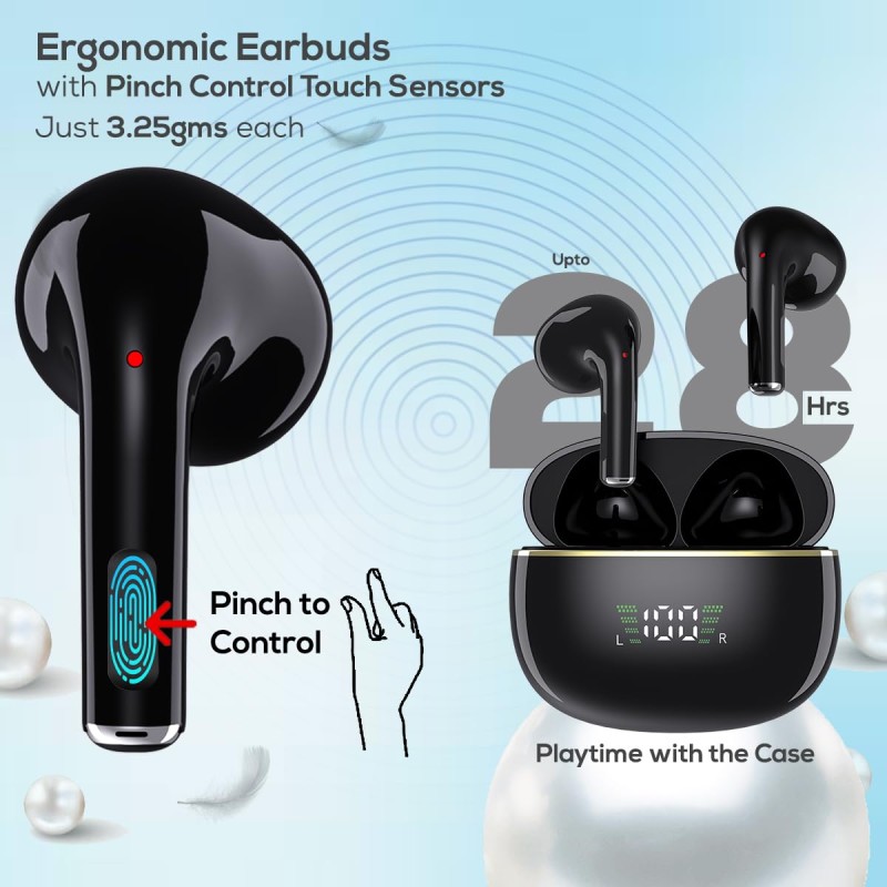 pTron Bassbuds Perl in-Ear TWS Earbuds, TruTalk AI-ENC Calls, Immersive Sound, 28H Playtime, Music/Game (Sable Black)