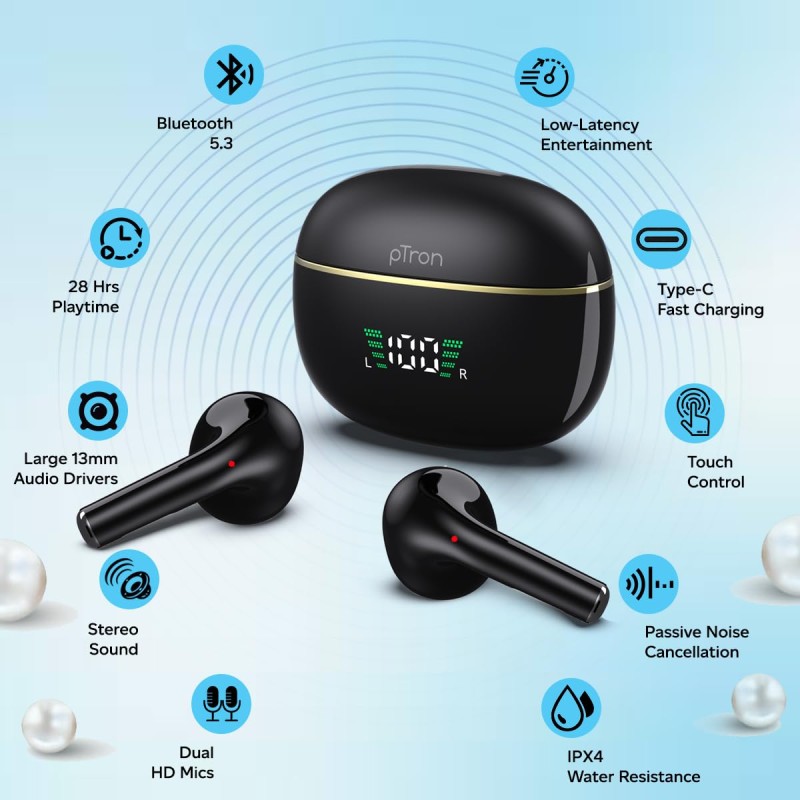 pTron Bassbuds Perl in-Ear TWS Earbuds, TruTalk AI-ENC Calls, Immersive Sound, 28H Playtime, Music/Game (Sable Black)