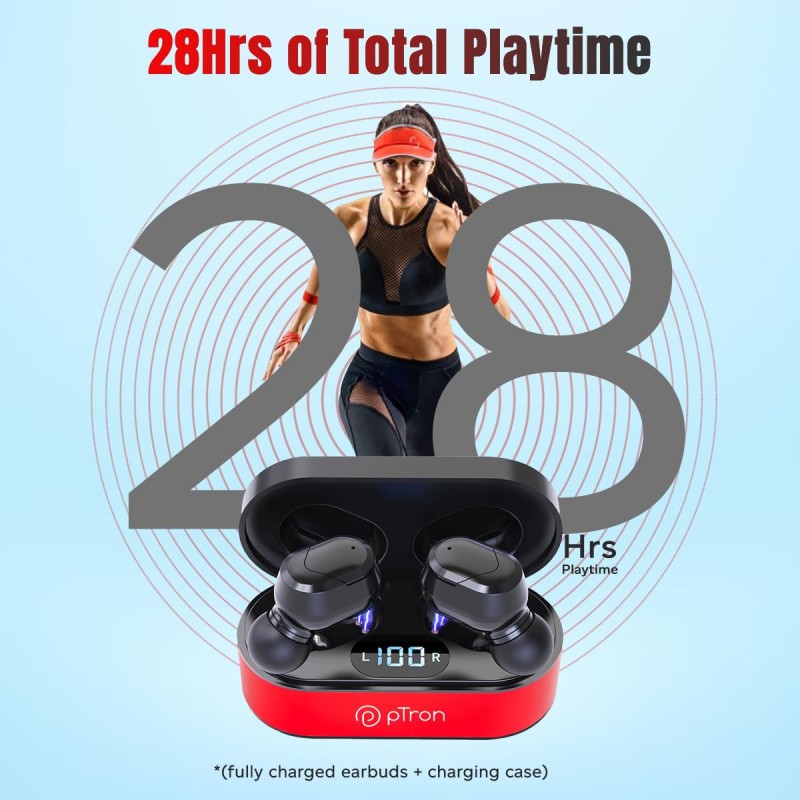pTron Bassbuds Plus in-Ear TWS Earbuds with HD Mic, Bluetooth 5.0 Headphones, 28Hrs Playtime, Immersive Sound (Red & Jet Black)