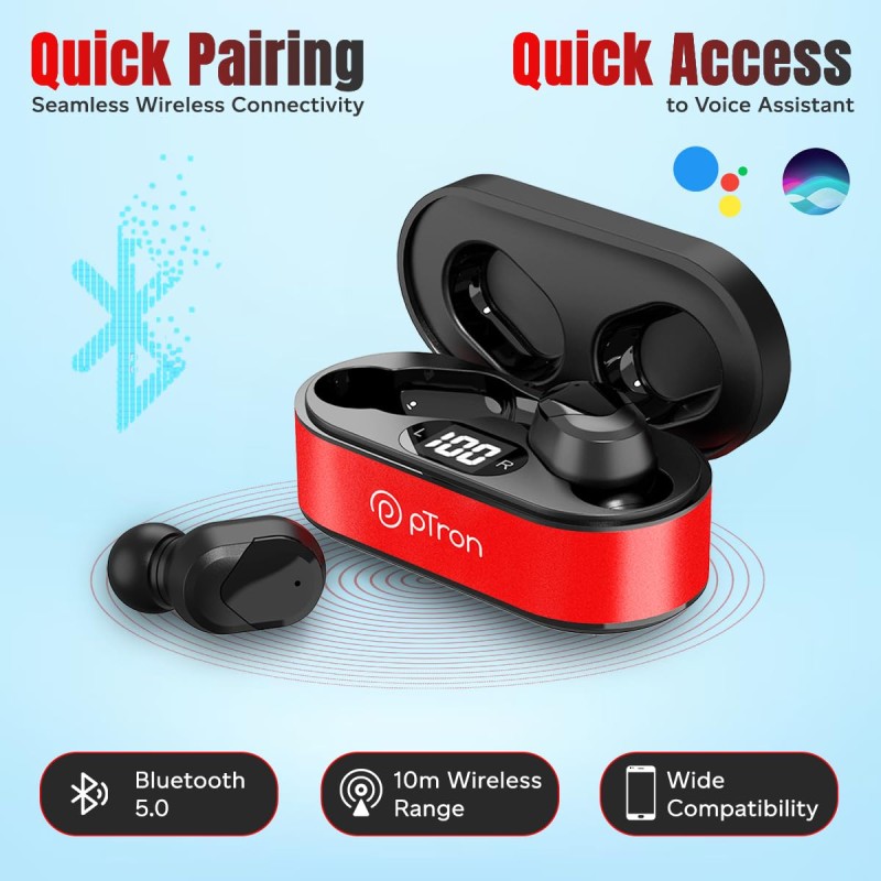 pTron Bassbuds Plus in-Ear TWS Earbuds with HD Mic, Bluetooth 5.0 Headphones, 28Hrs Playtime, Immersive Sound (Red & Jet Black)