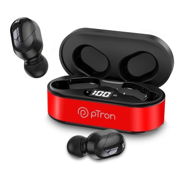 pTron Bassbuds Plus in-Ear TWS Earbuds with HD Mic, Bluetooth 5.0 Headphones, 28Hrs Playtime, Immersive Sound (Red & Jet Black)