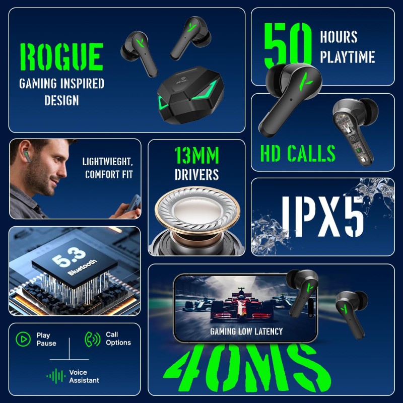 pTron Bassbuds Rogue W/ 40Ms Low-Latency Gaming,Clear Calls,50Hrs Playtime,Pristine Sound,V5.3 Bluetooth (Black)