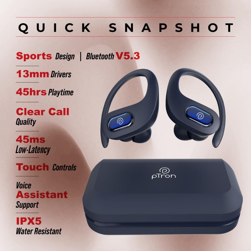 pTron Bassbuds Sports In-Ear TWS Earbuds with Dual Ultra HD Mic & TruTalk AI-ENC, 13mm HyperDrive Transducers, 45H Playtime (Bold Blue)