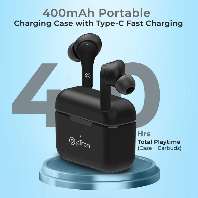 pTron Bassbuds Tango In-Ear TWS Earbuds, TruTalk AI-ENC Calls, Movie Mode, 40Hrs Playtime, Bluetooth 5.1 (Bold Black)