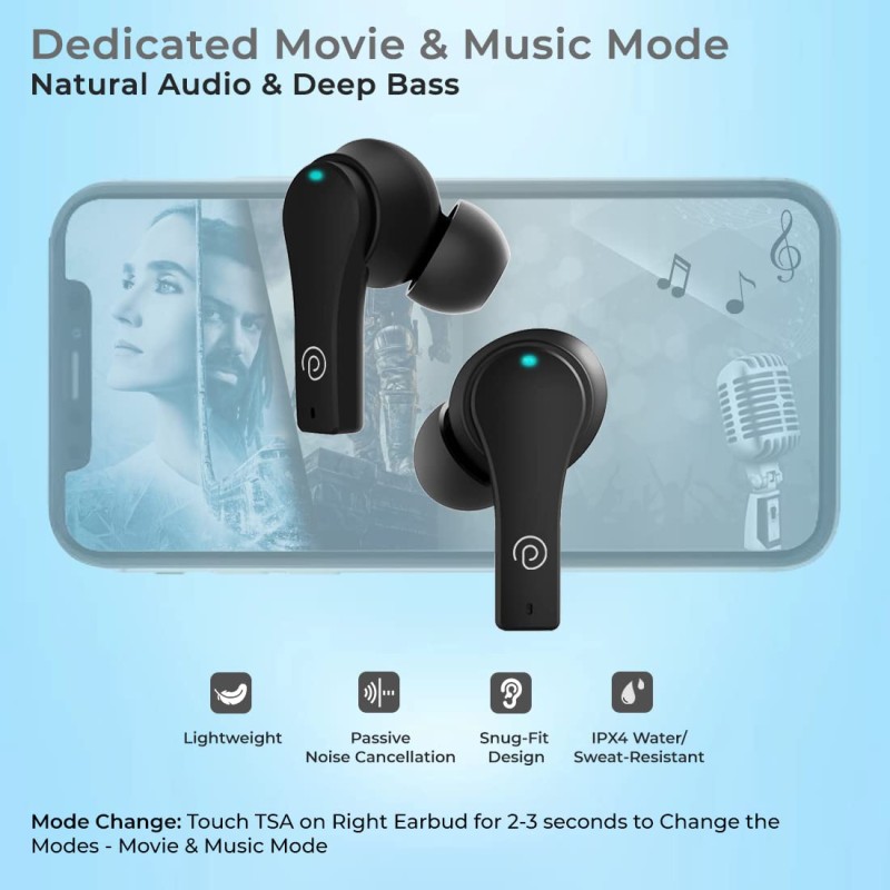 pTron Bassbuds Tango In-Ear TWS Earbuds, TruTalk AI-ENC Calls, Movie Mode, 40Hrs Playtime, Bluetooth 5.1 (Bold Black)