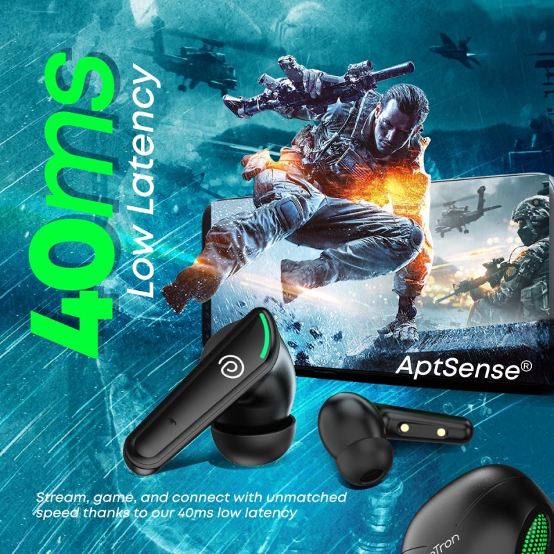 pTron Bassbuds Viper in-Ear TWS Earbuds, AptSense 40ms Gaming Latency, TruTalk AI-ENC Call, 32H Playtime, Deep Bass (Jet Black)