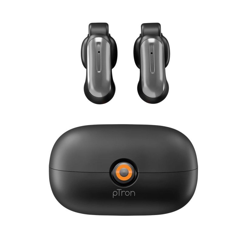 pTron Bassbuds Vortex Clips Wireless Open Ear Earbuds w/Chrome Finish, SafeBeats Tech, 50Hrs Playtime, Dual HD Mic w/AI-ENC, 10mm Driver (Black)