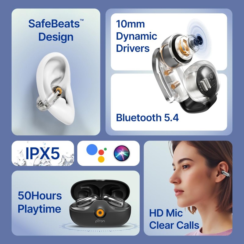 pTron Bassbuds Vortex Clips Wireless Open Ear Earbuds w/Chrome Finish, SafeBeats Tech, 50Hrs Playtime, Dual HD Mic w/AI-ENC, 10mm Driver (Black)